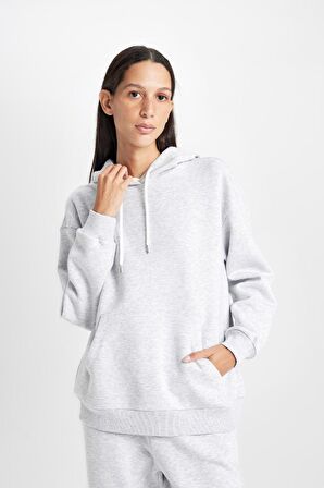 DeFacto Relax Fit Kapüşonlu Kanguru Cepli Kalın Basic Düz Sweatshirt W1240AZ24WNGR93