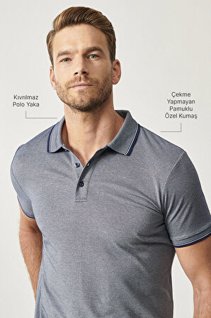Erkek Çekmeyen Pamuklu Kumaş Slim Fit Dar Kesim Lacivert Kıvrılmaz Polo Yaka Tişört