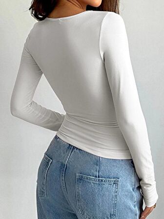 Beyaz Bisiklet Yaka Bluz Darkalıp Ribana Kumaş Günlük Basic Body