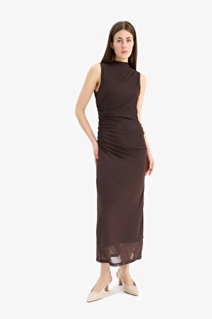 Bodycon Vücudu Saran Yarım Balıkçı Yaka Basic Düz Tül Kolsuz Maxi Elbise