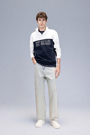 DeFacto Relax Fit Dik Yaka Yarım Fermuarlı Baskılı Kalın Sweatshirt D2169AX24AUER139