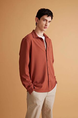 DeFacto Regular Fit Polo Yaka Krinkıl Basic Düz Uzun Kollu Gömlek B6484AX24SPBN367