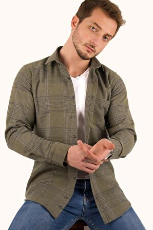 Haki Çizgili Slimfit Oduncu Gömlek