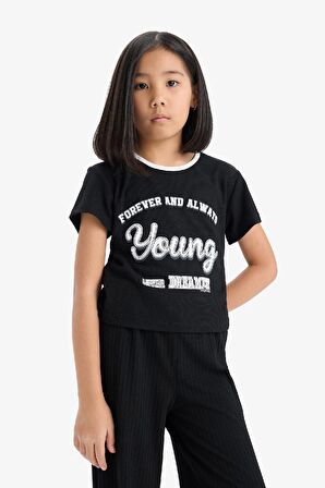 Kız Çocuk 2'li Takım Fitilli Kaşkorse Baskılı Kısa kollu Tişört Wide Leg Geniş Bol Paça Pantolon