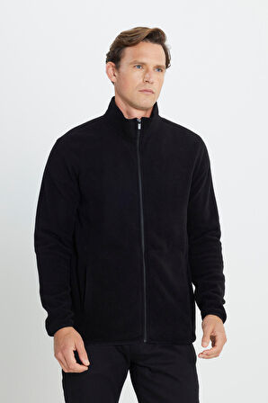 Erkek Siyah Anti-pilling Tüylenme Yapmayan Standart Fit Bato Yaka Sweatshirt Polar Ceket