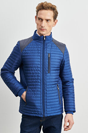 Erkek Indigo Standart Fit Normal Kesim Soğuk Hava Geçirmez Desenli Şişme Mont