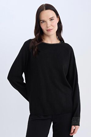 DeFacto Regular Fit Bisiklet Yaka Simli Reglan Kol Siyah Triko Kazak Tunik D1580AX24WNBK81