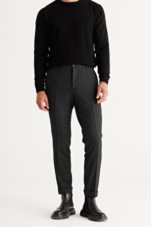 Erkek Antrasit Slim Fit Dar Kesim Beli Bağlamalı Desenli Esnek Pantolon