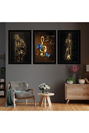 Gold Aynalı Lı Üçlü Mdf Tablo Ve Saat Seti