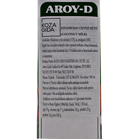 Aroy-D Original Laktozsuz Tam Yağlı 1 lt Hindistan Cevizi Sütü