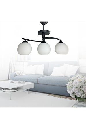 Fuji Siyah 3'lü Beyaz Camlı Avize | Kaliteli Modern Metal Avize