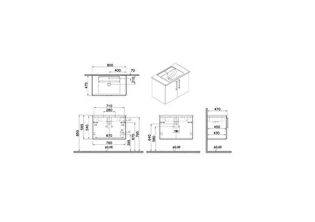 VitrA Root 68149 Lavabo Dolabı Kapaklı, 80 cm, Mat Fırtına Gri, Köşeli Lavabolu