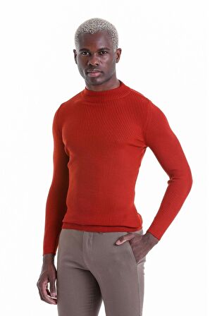 Kiremit Regular Fit Düz Balıkçı Yaka Klasik Yün Triko Kazak | XXL