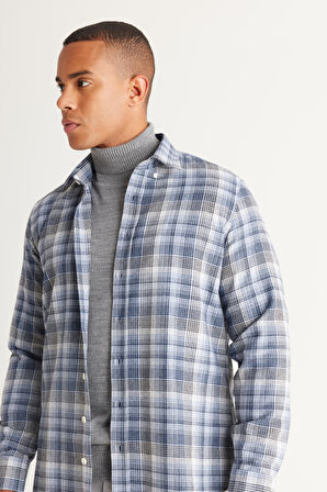 Erkek Mavi-Beyaz Slim Fit Dar Kesim Düğmeli Yaka Pamuklu Ekose Desenli Flanel Oduncu Gömlek
