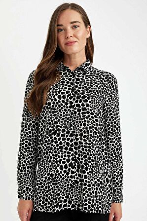 DeFacto Loose Fit Gömlek Yaka Desenli Uzun Kollu Gömlek Tunik T0609AZ24AUBK81