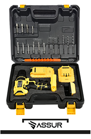 Assur 12V 1.5Ah Metal Şanzıman Çift Akülü Bakır Sargı 24 Parça Şarjlı Matkap Akülü Vidalama