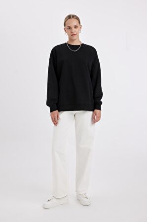 DeFacto Okula Dönüş Oversize Geniş Kalıp Bisiklet Yaka Basic Düz Kalın Sweatshirt Y1346AZ24WNBK81