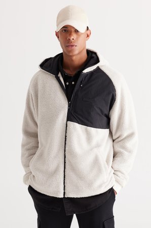 Erkek Bej Oversize Bol Kesim Kapüşonlu Sherpa Polar Sweatshirt Ceket