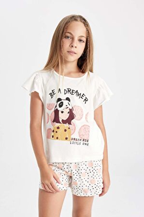 DeFacto Kız Çocuk Pijama Takımı Bisiklet Yaka Baskılı Kısa Kollu Üst Şort D2066A824SMER99