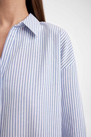 DeFacto Oversize Geniş Kalıp Çizgili Oxford Uzun Kollu Gömlek D4512AX24AUBE503