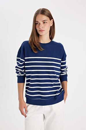 DeFacto Relax Fit Bisiklet Yaka Çizgili İnce Basic Sweatshirt A9255AX24WNNV42