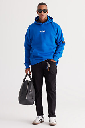 Erkek Mavi Oversize Fit Bol Kesim Kapüşonlu Içi Polarlı 3 Iplik Pamuklu Sweatshirt