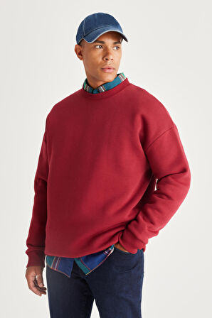 Erkek Bordo Oversize Bol Kesim Içi Polarlı 3 Iplik Bisiklet Yaka Pamuklu Sweatshirt