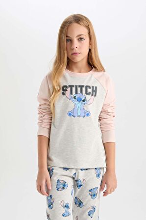 DeFacto Kız Çocuk Pijama Takımı Disney Lilo & Stitch Bisiklet Yaka Üst Uzun Alt D3747A824AUGR379
