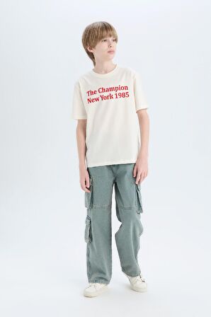 DeFacto Erkek Çocuk Bisiklet Yaka Baskılı Kısa Kollu Tişört E0078A825SMWT32