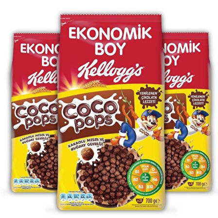 Kellogg's Coco Pops Çikolatalı Buğday ve Mısır Gevreği 700 Gr x 3 Adet, Lif, Demir ve 6 Vitamin içerir