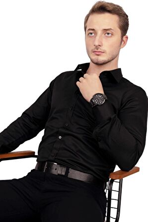 Gömlek Kravat Seti ( sunda Siyah Gri Desenli Kravat & Siyah Armür Slimfit Gömlek)