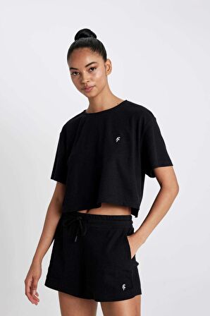 DeFactoFit Cropped Fit Bisiklet Yaka Sporcu Ribana Kısa Kollu Tişört A9916AX24SMBK81