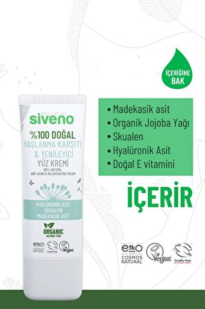 Siveno %100 Doğal Yüz Kremi Yaşlanma Karşıtı Hyaluronik Asit Aydınlatıcı Yenileyici Canlandırıcı 30 ml