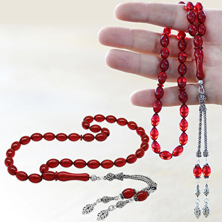 925 Ayar Gümüş Çift Püsküllü Arpa Kesim Bayrak Kırmızı Ateş Kehribar Tesbih