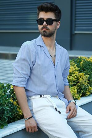 Mavi Keten Apaj Yaka Relax Fit Erkek Gömlek