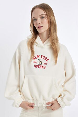 Yılbaşı Temalı Coool Loose Fit Slogan Desenli Polar Sweatshirt