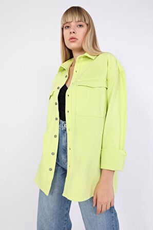 Kadın Oversize Jean Gömlek Neon Yeşil