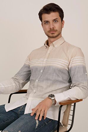Panolu Bej Gri Slimfit Keten Gömlek