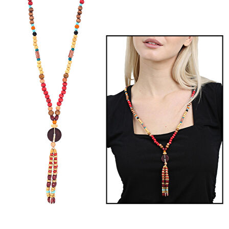 Tesbihane El Yapımı Etnik Ahşap Kombinli Kırmızı Renk Geçişli Tekerlek Detaylı Otantik Kolye