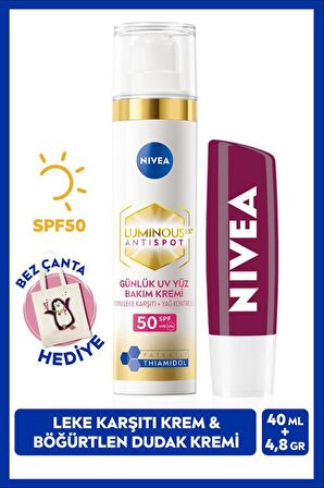 NIVEA Luminous630 Thiamidol Etkili Leke Karşıtı Gündüz Kremi 40ml ve Böğürtlen Nemlendirici Dudak Kremi, Çanta Hediye