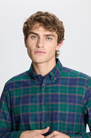 Slim Fit Dar Kesim Düğmeli Yaka %100 Pamuk Ekose Desenli Flanel Oduncu Gömlek