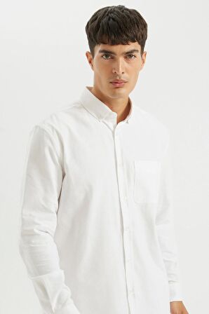 DeFacto %100 Pamuk Regular Fit Polo Yaka Oxford Basic Düz Uzun Kollu Beyaz Gömlek A8028AX24AUWT55