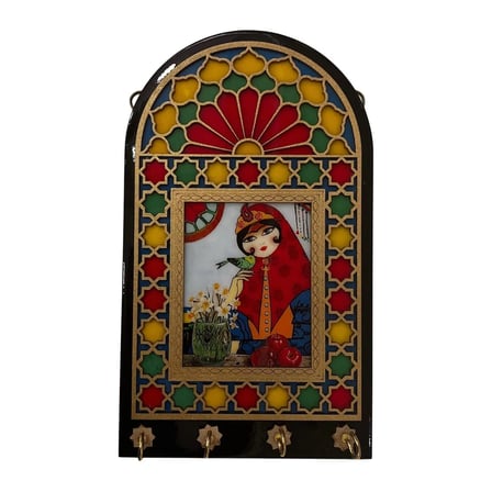 El Yapımı Dekoratif Duvar Anahtarlık | 15×25 cm – Geleneksel Çift Figürlü Tasarım (Vitray Motif)
