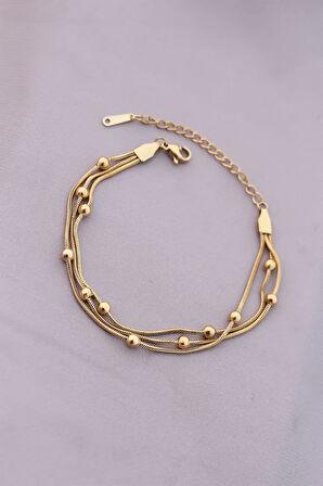 316L Kararmaz Çelik Gold Renk Top Zincirli Kadın Bileklik