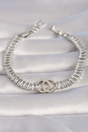 Pirinç Gümüş Renk Zirkon Taşlı Su Yolu Model Vip Seri Kadın Bileklik