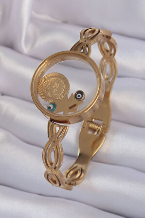 316L Çelik Altın Renk İçi Nazar Boncuk Ve Yıldız Figürlü Açılabilir Fanus Kelepçe