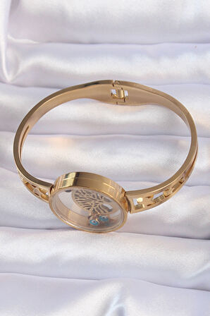 316L Çelik Altın Renk İçi Yaşam Ağacı Ve Nazar Boncuk Figürlü Açılabilir Fanus Kelepçe