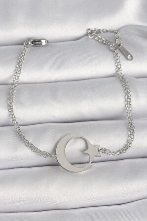 316L Çelik Gümüş Renk Ay Yıldız Model Kadın Bileklik