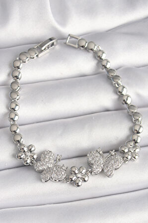 Pirinç Gümüş Renk Zirkon Taşlı Figür Çiçek Zincir Model Kadın Bileklik