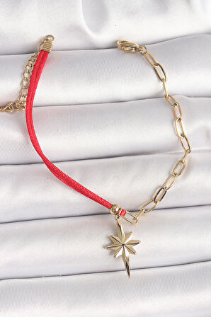 316L Çelik Gold Renk Zincir Kırmızı İp Model Sallantı Kutup Yıldız Figür Kadın Bileklik